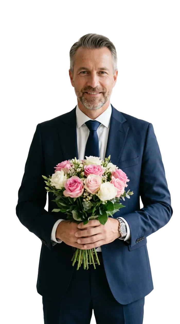 Makler überreicht einen Blumenstrauß als Dank nach erfolgreichem Verkaufsabschluss