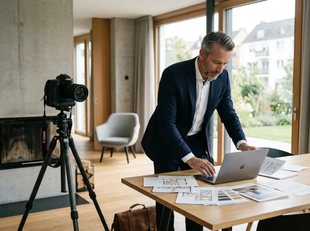 Makler fotografiert das Wohnzimmer mit einer Kamera auf Stativ und sichtet Grundrisse am Laptop