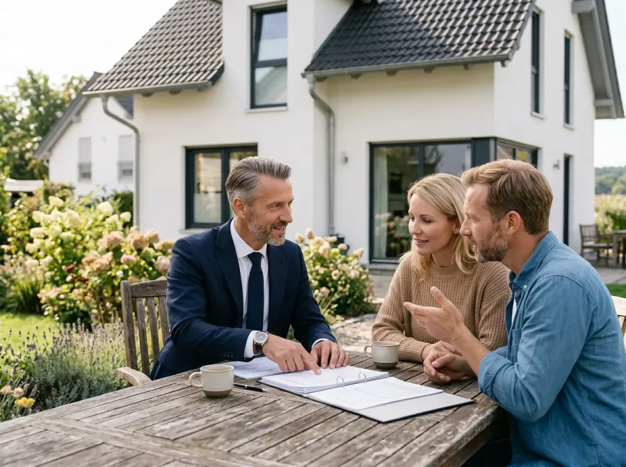 Immobilienmakler bespricht mit einem Ehepaar die Verkaufsunterlagen am Gartentisch vor deren Haus