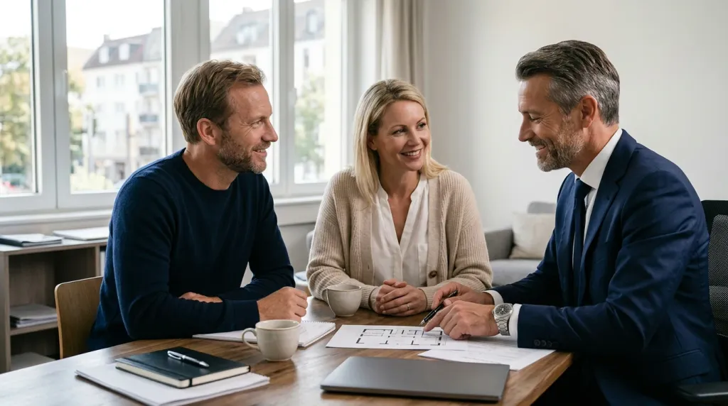 Verkäuferpaar und Makler besprechen gemeinsam am Tisch die Vertragsunterlagen