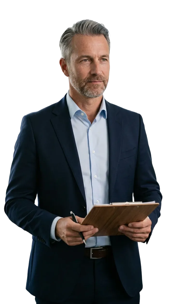Makler mit Klemmbrett, bereit für die Besichtigung mit Interessenten