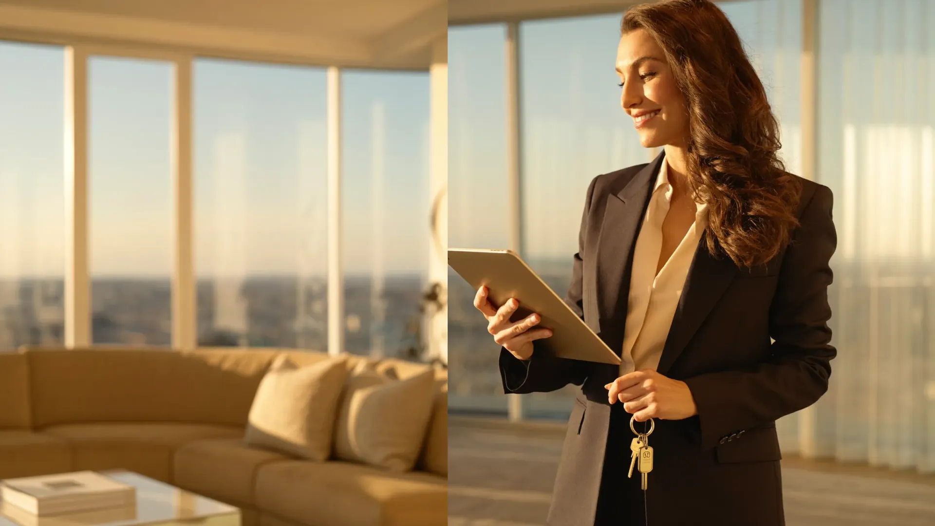 Immobilienmaklerin mit Tablet und Schlüsseln in einem lichtdurchfluteten Penthouse