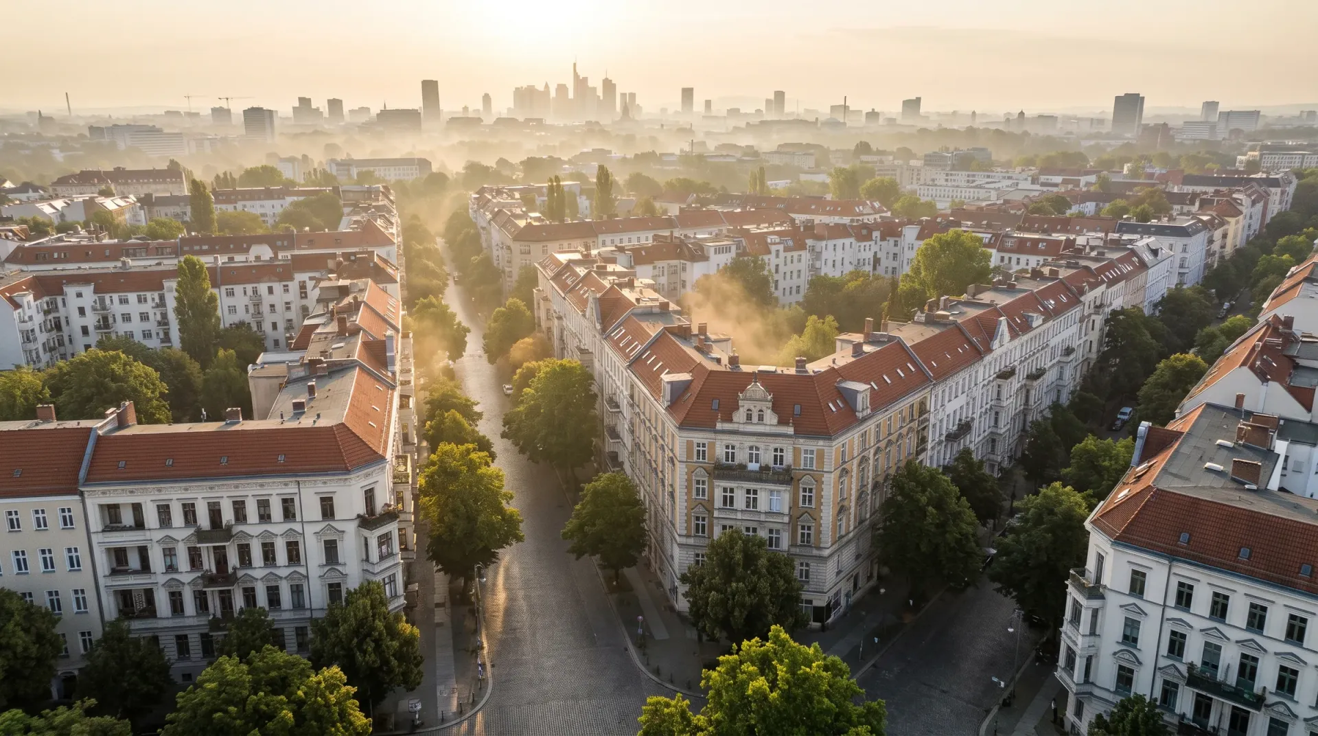 Luftaufnahme eines Altbau-Viertels im goldenen Morgenlicht mit Frankfurter Skyline am Horizont