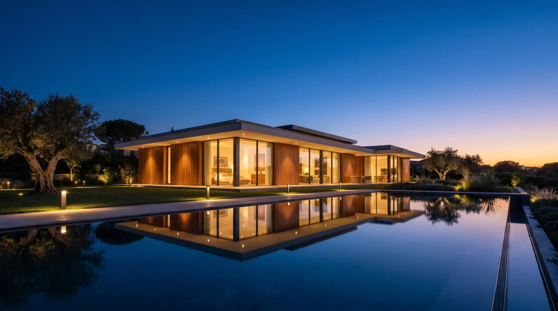 Moderne Villa mit beleuchtetem Pool in der Abenddämmerung